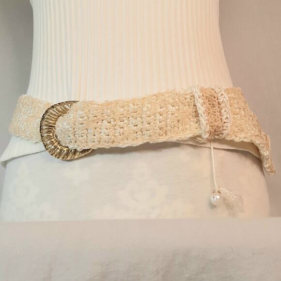 Boho Hancrafted Crochet Cream Belt XL Waist Statement Buckle Beige Net Covering - Picture 1 of 10